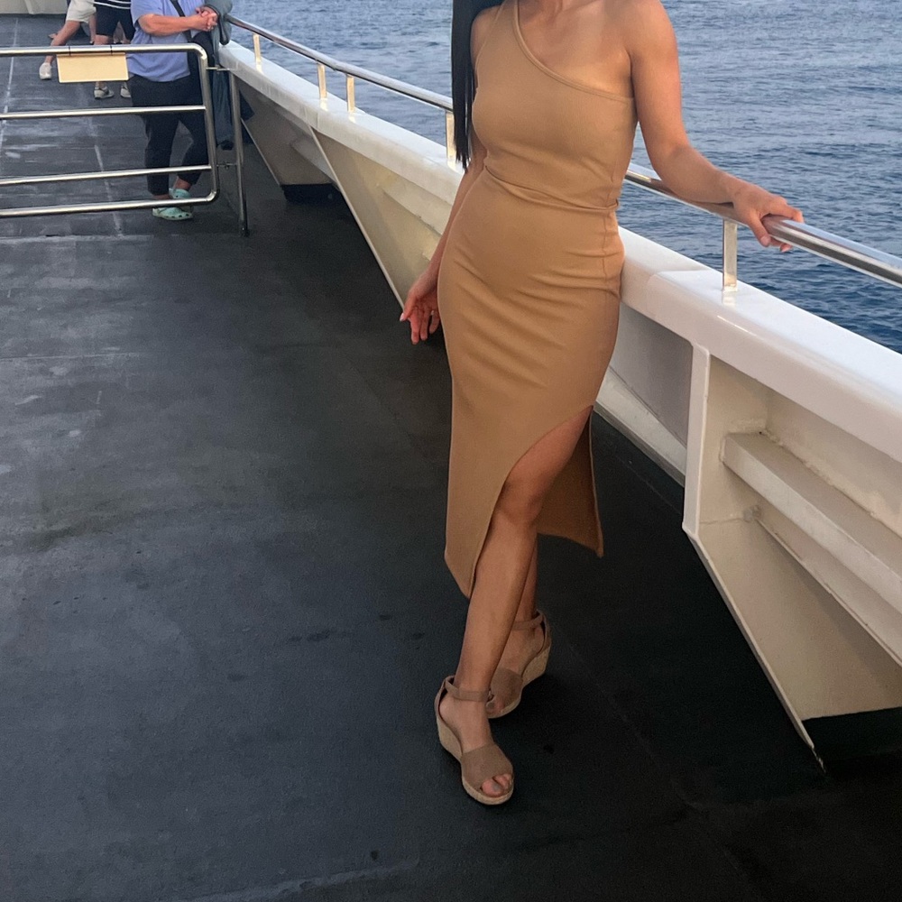 Elegant Tan One-Shoulder Dress